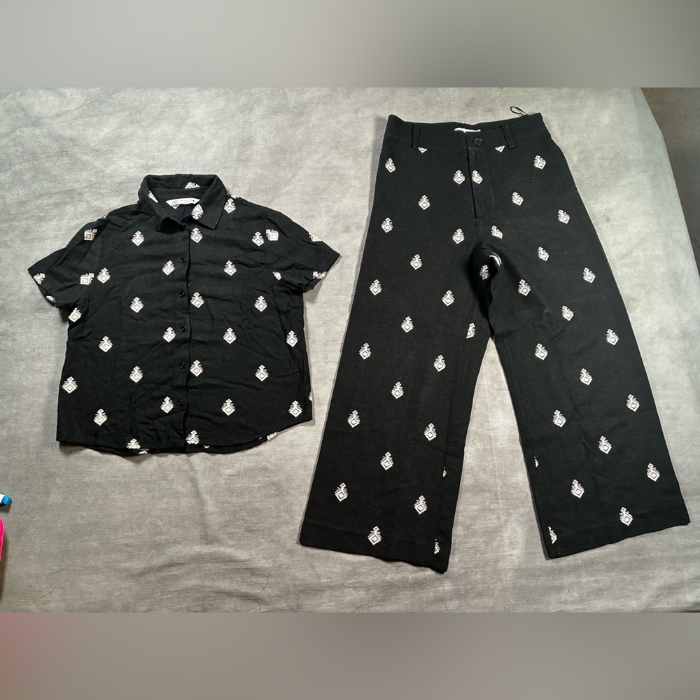 Zara Black and White Linen set Wide Leg Pants